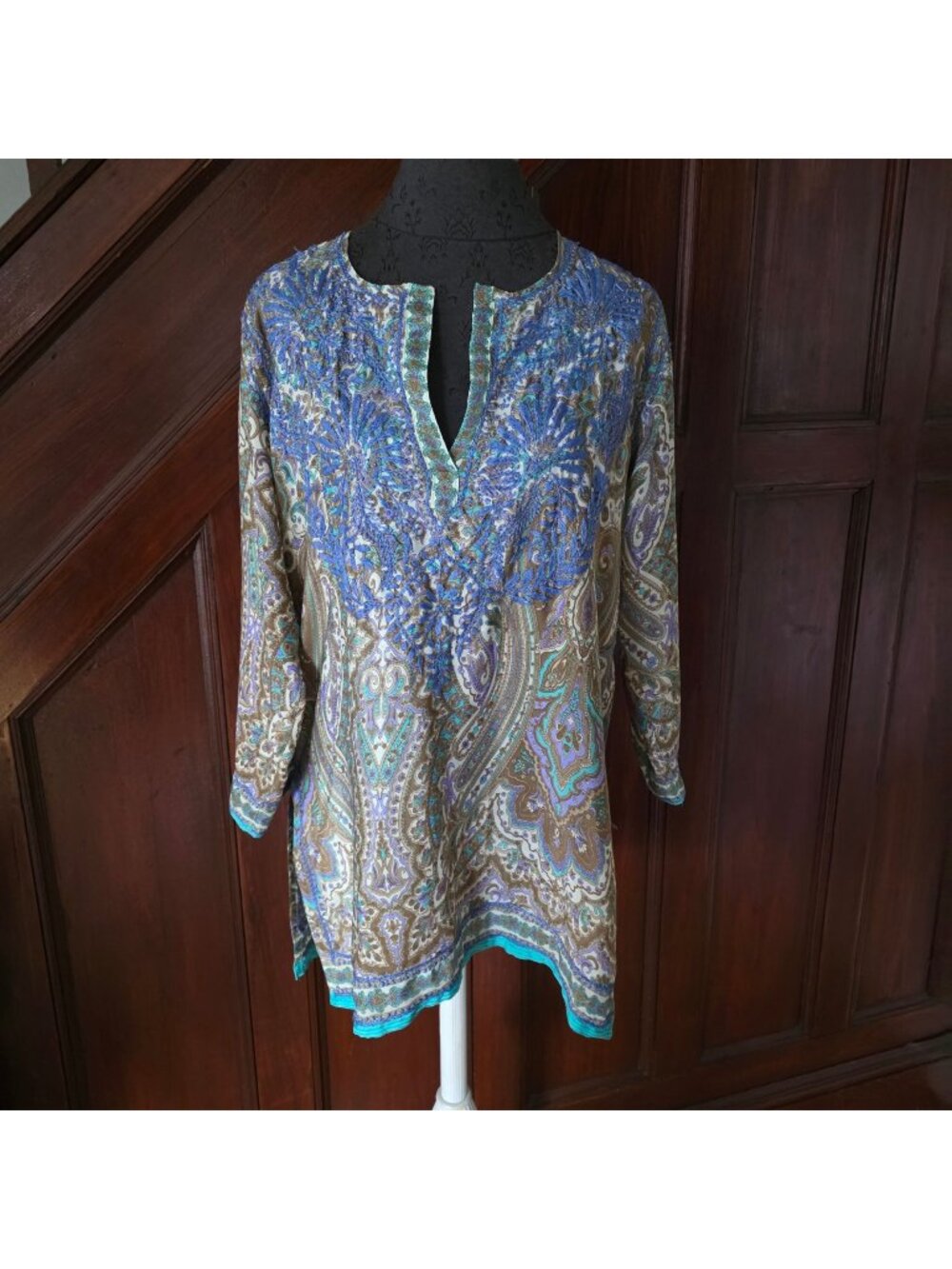 Gretchen Scott Embroidered Paisley Tunic Top Size S Lightweight Boho Style